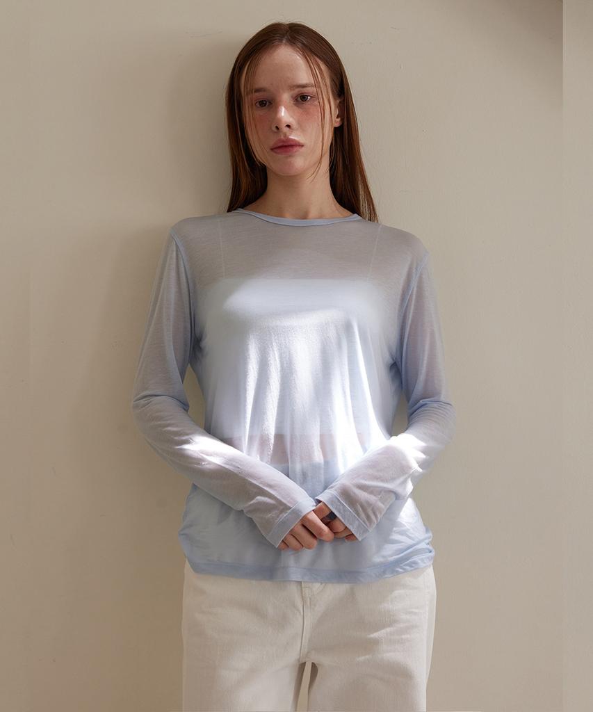 Leusejiem See-Through Tencel Long Sleeve T-Shirt - Sky Blue