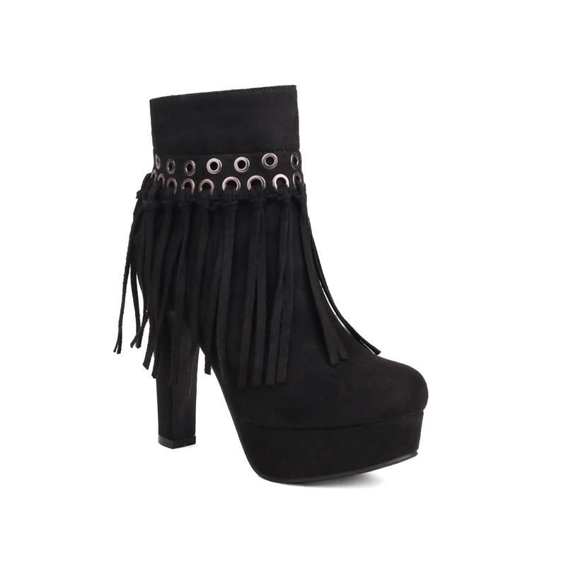 Женские короткие сапоги на высоком каблуке сексуальные в европейском и американском стиле осень-зима новые водонепроницаемые на толстом каблуке большого размера с бахромой 34 чёрный 5098₽