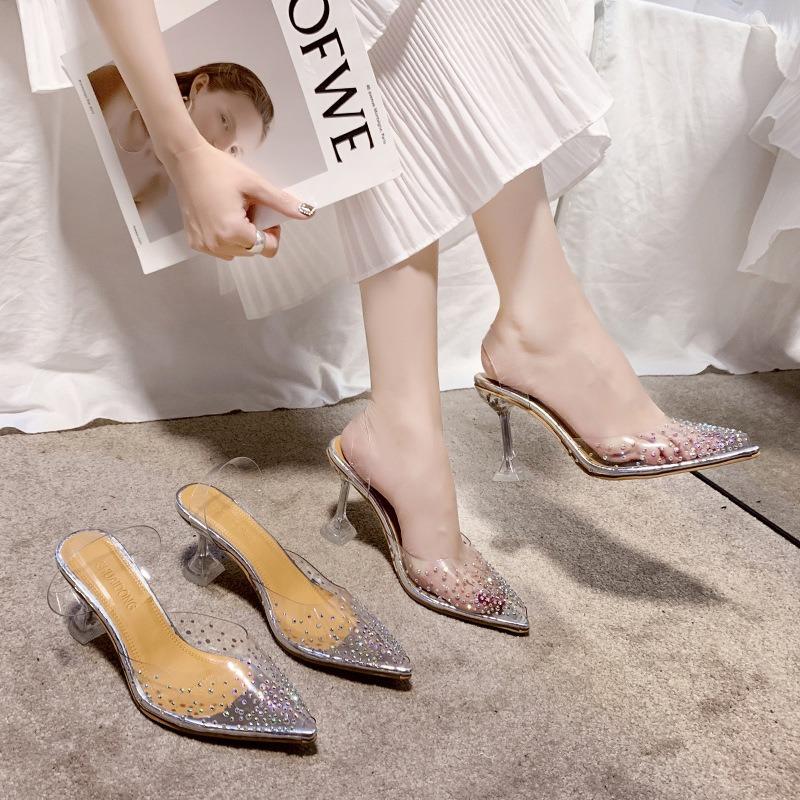 Large size pointed sandals women's summer new fashion rhinestone wine glass and high-heeled sandals transparent tide