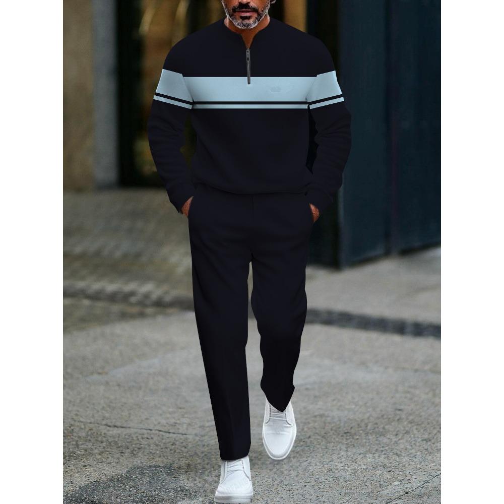 Spring Autumn 3D Printed Fashion Cool Men's Long-Sleeved Sets Half-Zipper Stand-Up Collar Men's Casual Sportswear Two-Piece Set