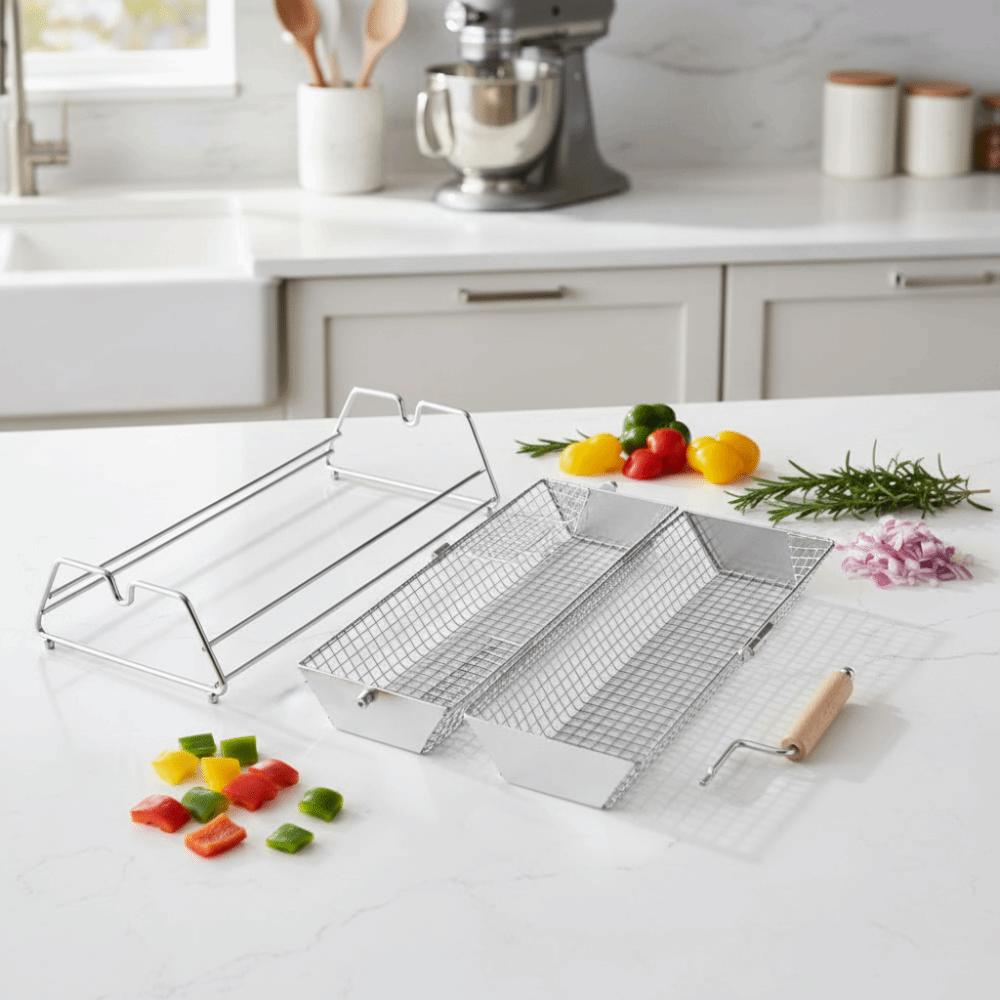 with Wood Handle Rolling BBQ Grill Mesh Basket Stainless Steel Grill Rotisserie Basket Picnic