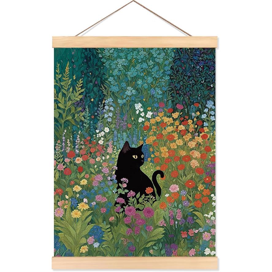 ROXMART Vintage Japanese Sushi Black Cat Poster Hanger Frame, Retro Edo Period Ramen Sushi Cat Wall Art Prints Decor for Kitchen Restaurant Home