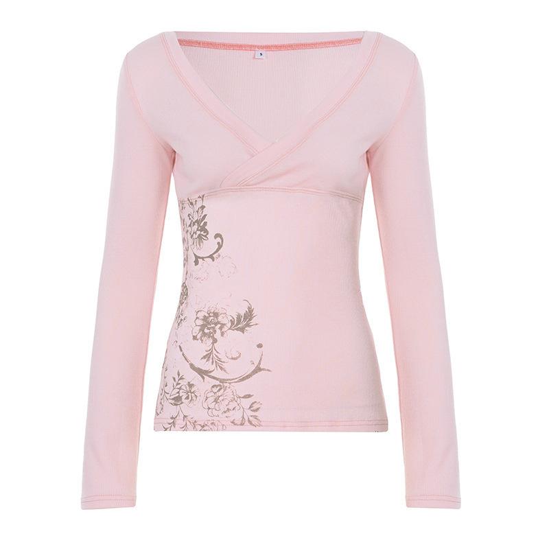 Vintage Millennial Spice Style Floral Print Autumn Long Sleeve T-Shirt Sexy Cross V-Neck Waist Bottom Top Women