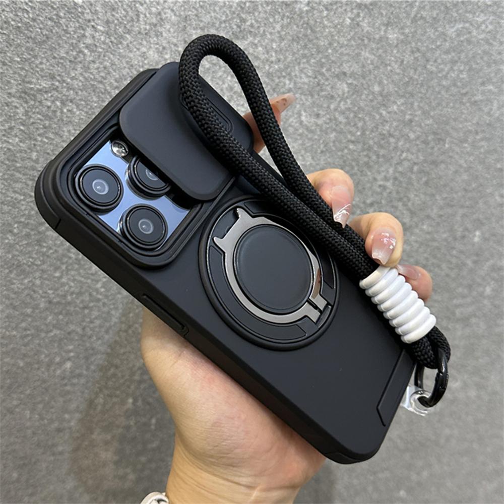 Armor Ring Stand Holder Slide Window Magnetic with Wrist Strap Phone Case for iPhone 16 15 Pro Max 13 12 11 14 Plus Bumper Cover