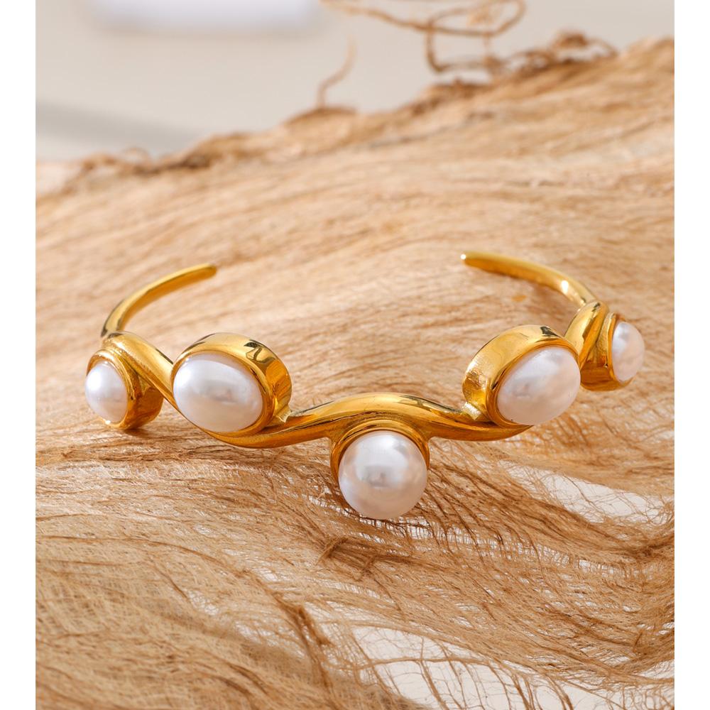 Yhpup 60mm Stainless Steel Simulated Pearls Open Cuff Bracelet Bangle Statement Popular Wrist Jewelry Waterproof Accessories
