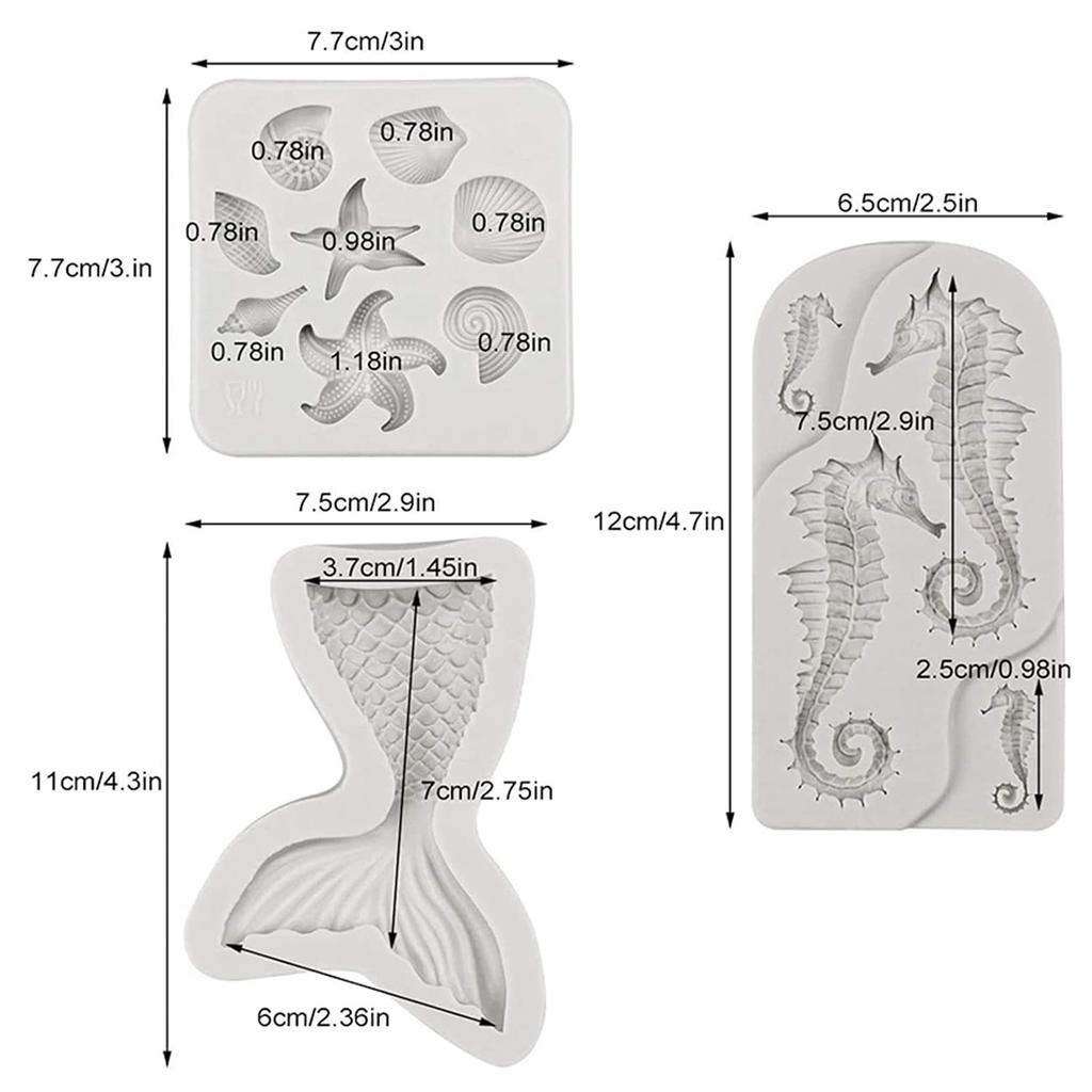 Mermaid Theme Cake Fondant Mold 3pcs Mermaid Tail Under the Sea Silicone Baking Mold forChocolate Candy Cake Decoration