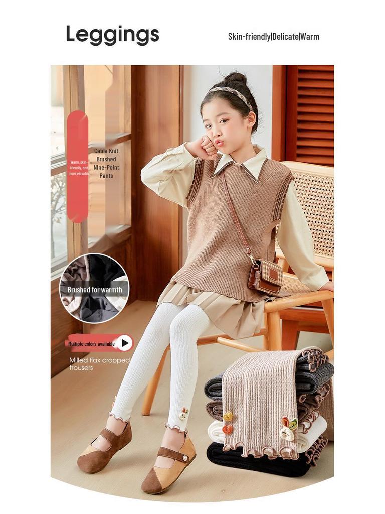 Girls' Fleece-Lined Cable Knit Leggings with Lace Trim for Autumn & Winter