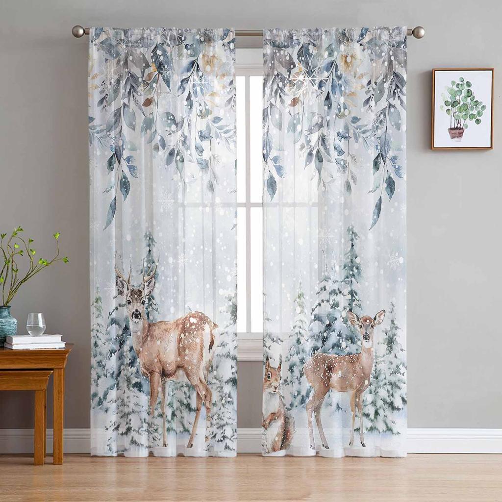 Blue Christmas Tree Christmas Ball Snowflake Sheer Curtains Home Living Room Bedroom Kitchen Window Decor Voile Tulle Curtains