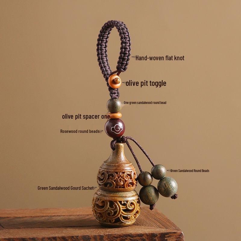 Green Sandalwood Openwork Gourd Keychain Pendant for Men & Women - Year of the Rabbit Ornament Sachet