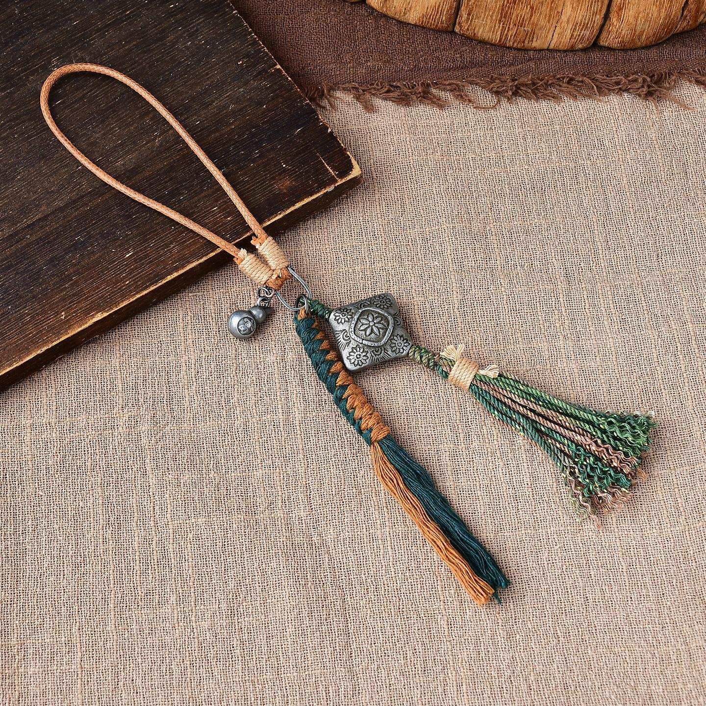 Tibetan Style Leather Rope Tassel Keychain with Meteorite Pendant