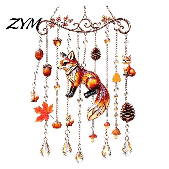 Fall Party Photography Props Animal Wind Chime Suncatcher, Stained Acrylic Fox Rabbit Hanging Suncatcher Whimsical with Prism Drops, Outdoor 20cm D