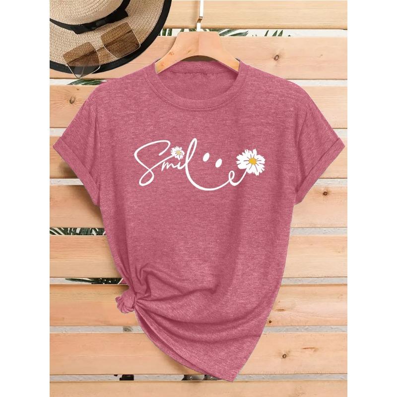 

Cute Daisy Smile Print Tees - Women s Casual Summer Tops Summer Smile Smiley Flower Crew Neck Pullover Short Sleeve Women s T-Shirt S темно-червоний колір