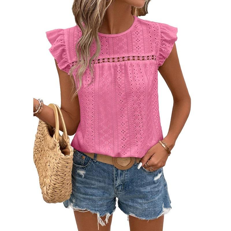 2026 Women's Summer New Round Neck Lace Solid Color Ruffle Short Sleeve Top