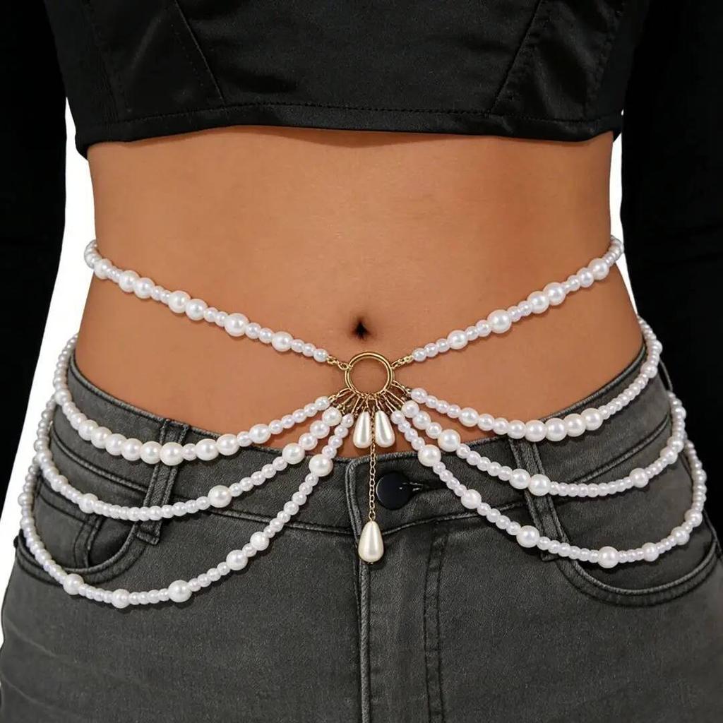 Salircon Elegant Luxury Imitation Pearl Belly Waist Chain for Women Summer Bikini Tassel Body Chain Jewelry Accessories 2026 New