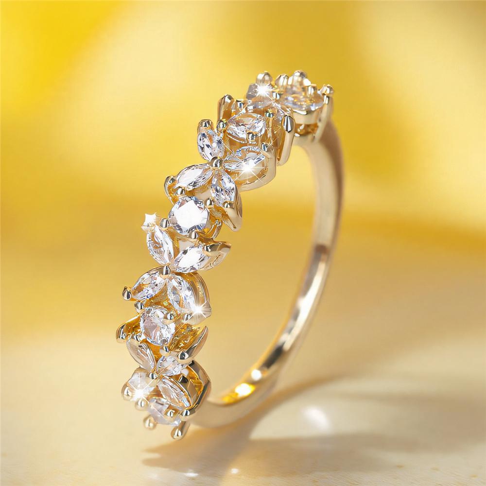 Cute Female White Crystal Stone Flower Ring Gold Color Wedding Jewelry Promise Engagement Rings For Women