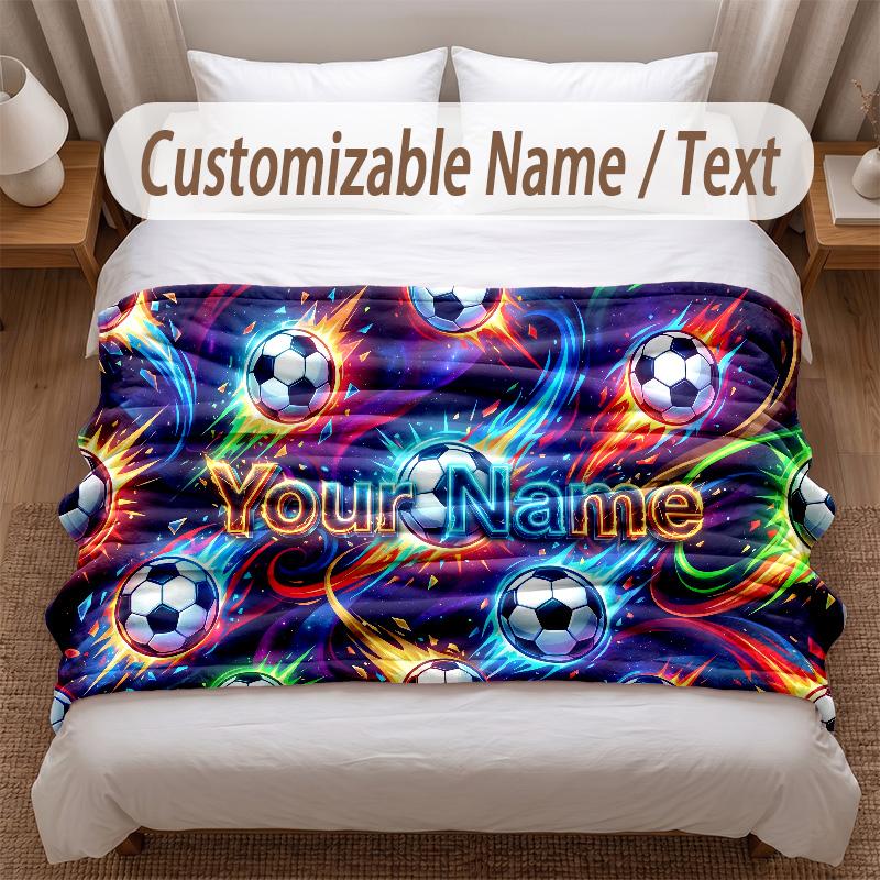 Soccer Theme Soft Blanket Personalized Custom Name Text Print Warm Blanket Home Sofa Bedroom Decor