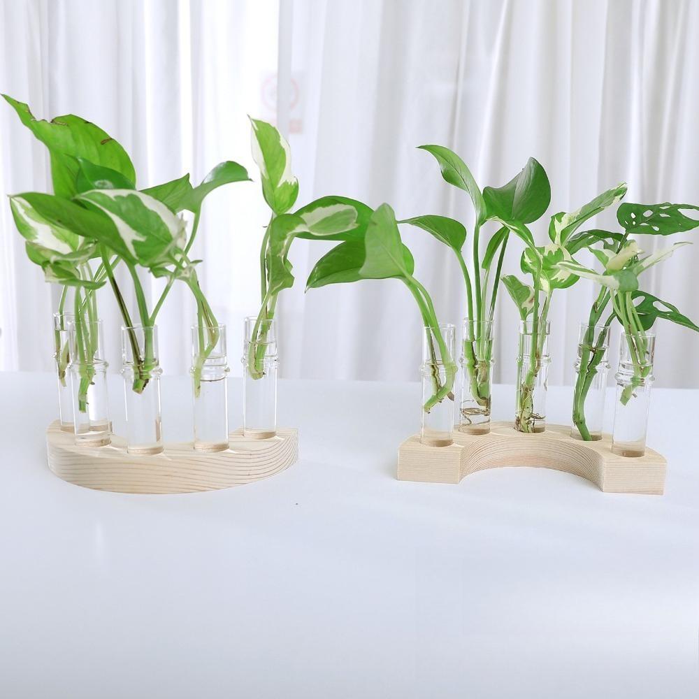 Kreative Einfachheit Massivholz Reihe von Reagenzglastöpfen Holzständer Hydrokulturvase Transparente Reagenzglasform für Heimdekoration