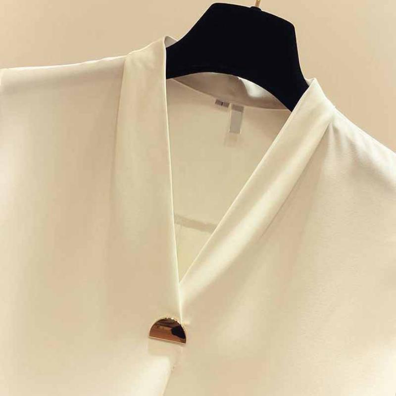 Solid V-neck Loose Shirt Women's Middle Sleeve White Shirt Women's Belly Covering Shirt Women's Thin Blouse