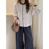 Women Striped Blouse Round Neck Button Front Lantern Sleeve Casual Loose Fit Shirt