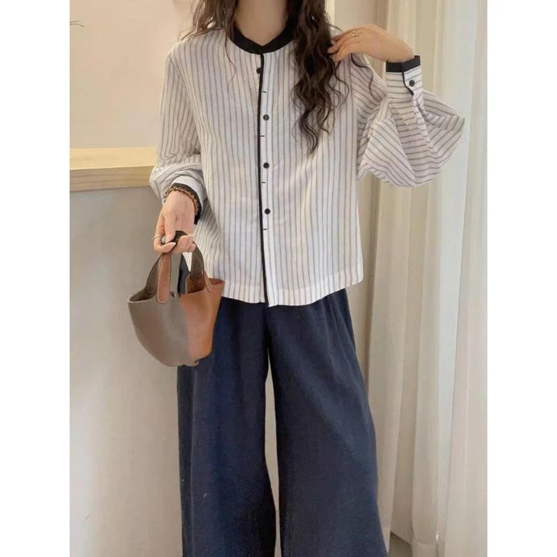 Women Striped Blouse Round Neck Button Front Lantern Sleeve Casual Loose Fit Shirt