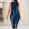 Women Plus Size Round Neck Sleeveless Dark Blue Printed Bodycon Midi Dress