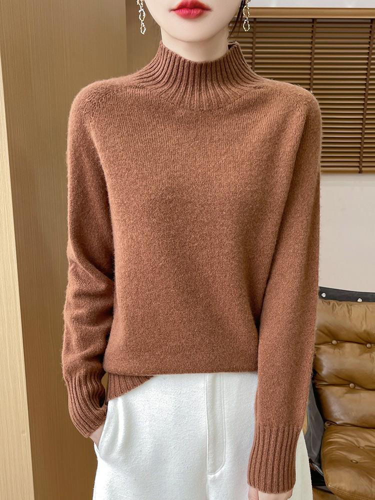 Women's Pure Wool Half-High Collar Loose Knit Sweater - Thickened Autumn/Winter Base Layer Pullover