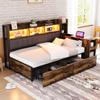 Iron Sofa Bed 90 X 200 Cm, With Storage Compartments & Lockers, Sockets & LED Lighting, Complete with Large Drawers and a Pull-Out Desk Wood Color