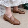 Retro Genuine Leather Low Heel Pumps Women Shoes Round Toe Shallow Solid Color Comfortable Loafers