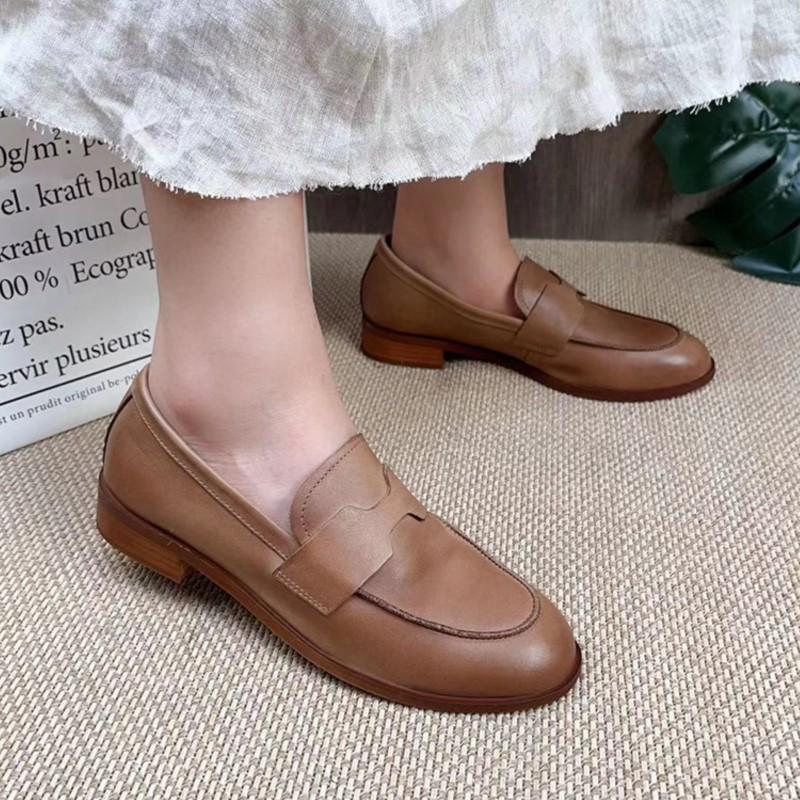 Johnature Retro Echtes Leder Niedrigen Absatz Pumps Frauen Schuhe Runde Zehe Flache Volltonfarbe Bequeme Halbschuhe