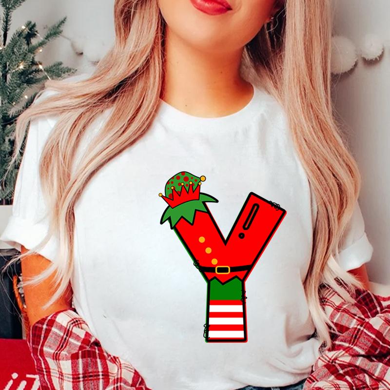 

Womens Christmas letter AZ pattern printed Tshirt casual street festival party Christmas letter printed Womens Tshirt 4XL