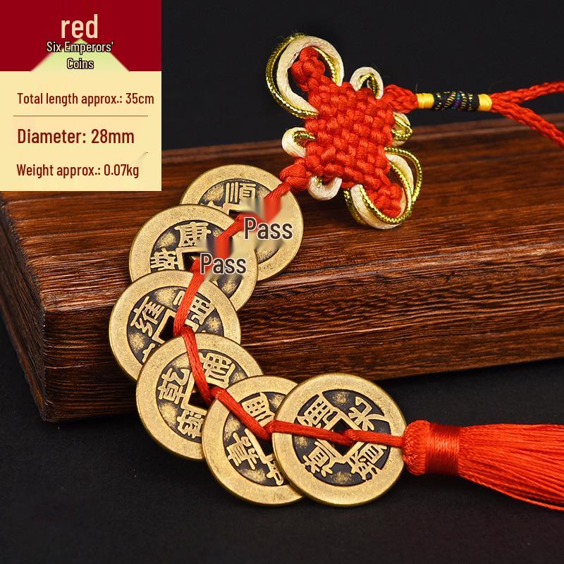 Pure Copper Chinese Lucky Knot Pendant with Five, Six, and Ten Emperor Coins - Door or Threshold Decoration.
