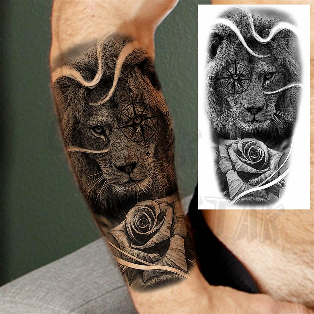 1 Sheet Lion Wolf Skeleton Nun Tiger Black Temporary Tattoos For Men Adult Leg Arm Compass Flower Fake Tattoo Sticker Waterproof