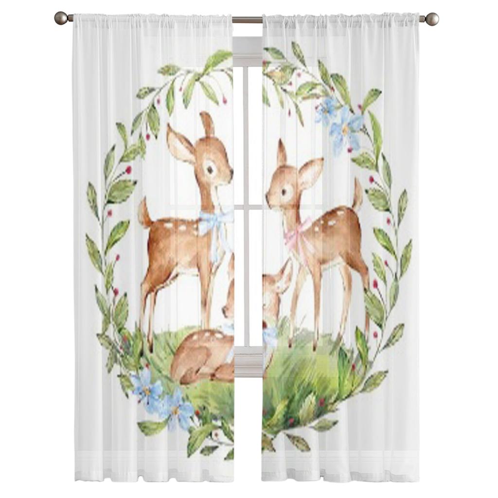 Akwarela Jeleń Rodzina Las Przezroczyste Zasłony do Salonu Przezroczyste Tiulowe Zasłony Okien Sypialnia Kuchnia Dekoracja Welon Zasłony
