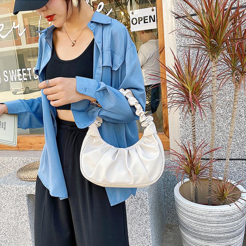 Fashion Pleated Handle Bags For Women Solid Color Cloud Bags PU Leather Shoulder Bags Armpit Bag Leisure Girls Small Tote Casual