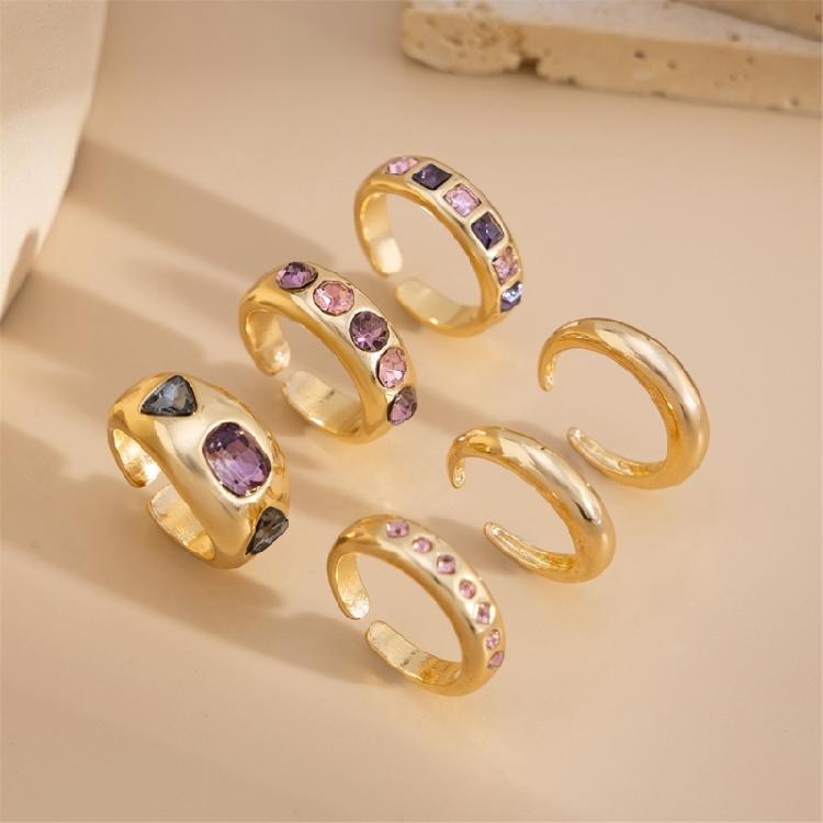 Pack of 6 Adjustable Stackable Rings Featuring Pink Gemstones for Comfort Fit and Multiple Fashion Combinations