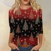 Women's Casual Christmas Print Three-Quarter Sleeve Round Neck Loose Fit Shirt