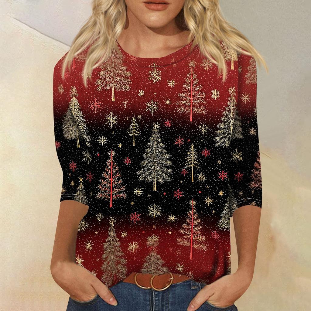Women's Casual Christmas Print Three-Quarter Sleeve Round Neck Loose Fit Shirt