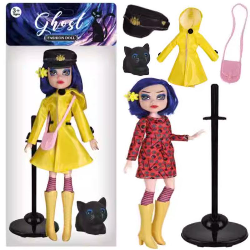 Ghost Mom Caroline Doll Yellow Raincoat Black Cat Joint Movable Action Figure Dress Up Set Toy Ornament Birthday Gift
