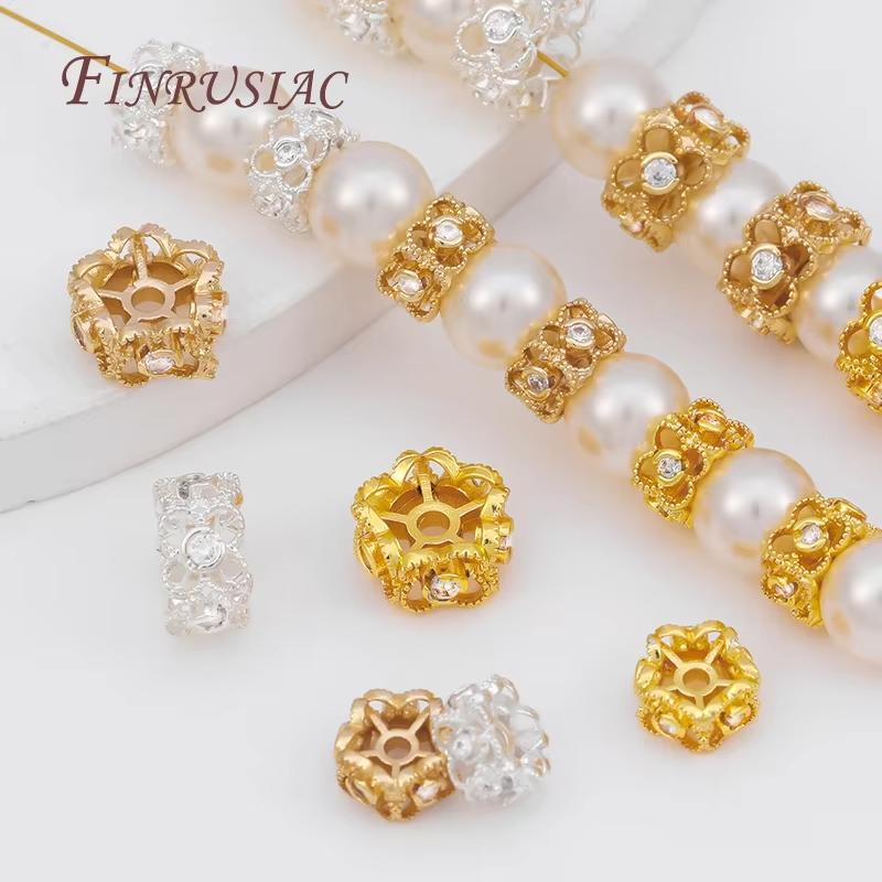 2/4/6pcs 18K Gold Plated Round Flower Beads with Zircon,Metal Separator Beads,Decorative Beads DIY Bracelets Jewelry Accessories