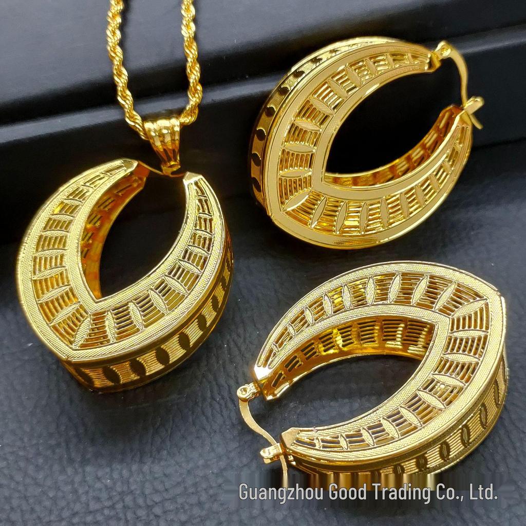 24k Gold Three-Piece Jewelry Set: Pendant, Earrings & Necklace Inspired by Indian, Indonesian, Middle Eastern & Dubai Designs