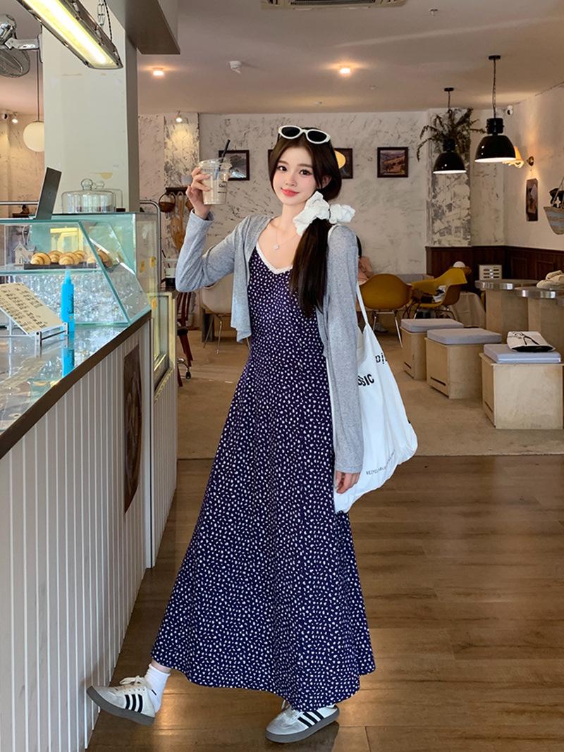 2026 Summer Plus Size Women s Floral Camisole Dress & Knit Cardigan Set in Korean Style XL темно-синий