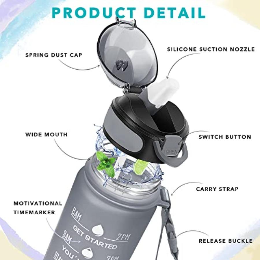 32 Oz Drinking Water Bottle with Times To Drink and Straw Motivational with Carrying Strap Leakproof BPA Toxic Free Ensure You