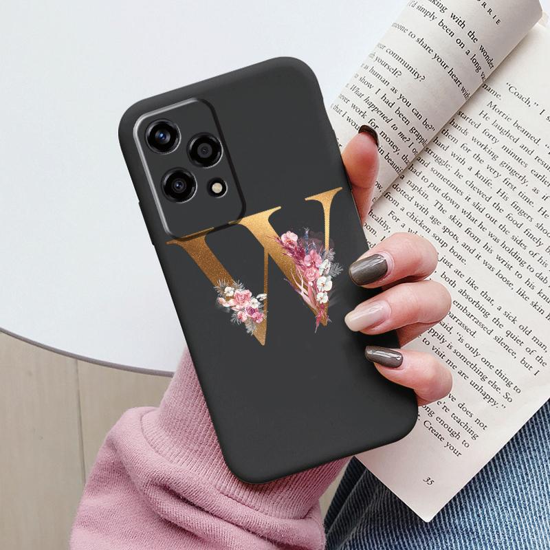 Gold Letter Case For Honor 200 Pro Lite Smart Black Shell Soft Cover For Honor 200Lite Protector Shockproof Funda Pink Flower