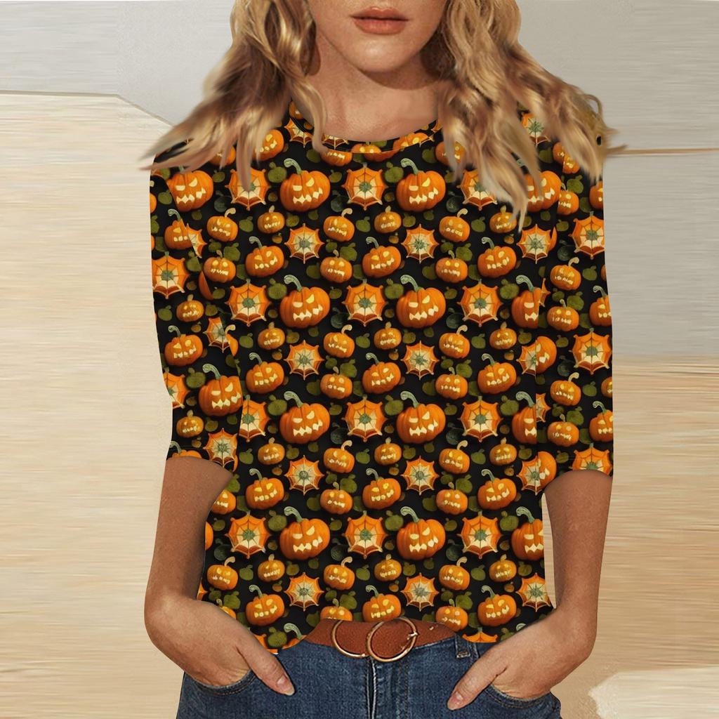 Women's Fashion Casual Three-quarter Sleeve Halloween Printed Round Neck Top