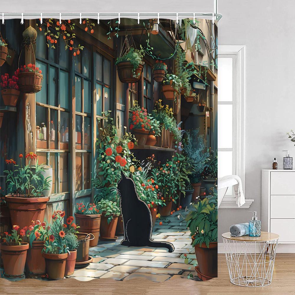 Grappige Katten Douchegordijn Katten Rijden op Haaien Cool Schattige Katten Honden Bloemen Zomer Badkamer Decoraties Polyester Badgordijn