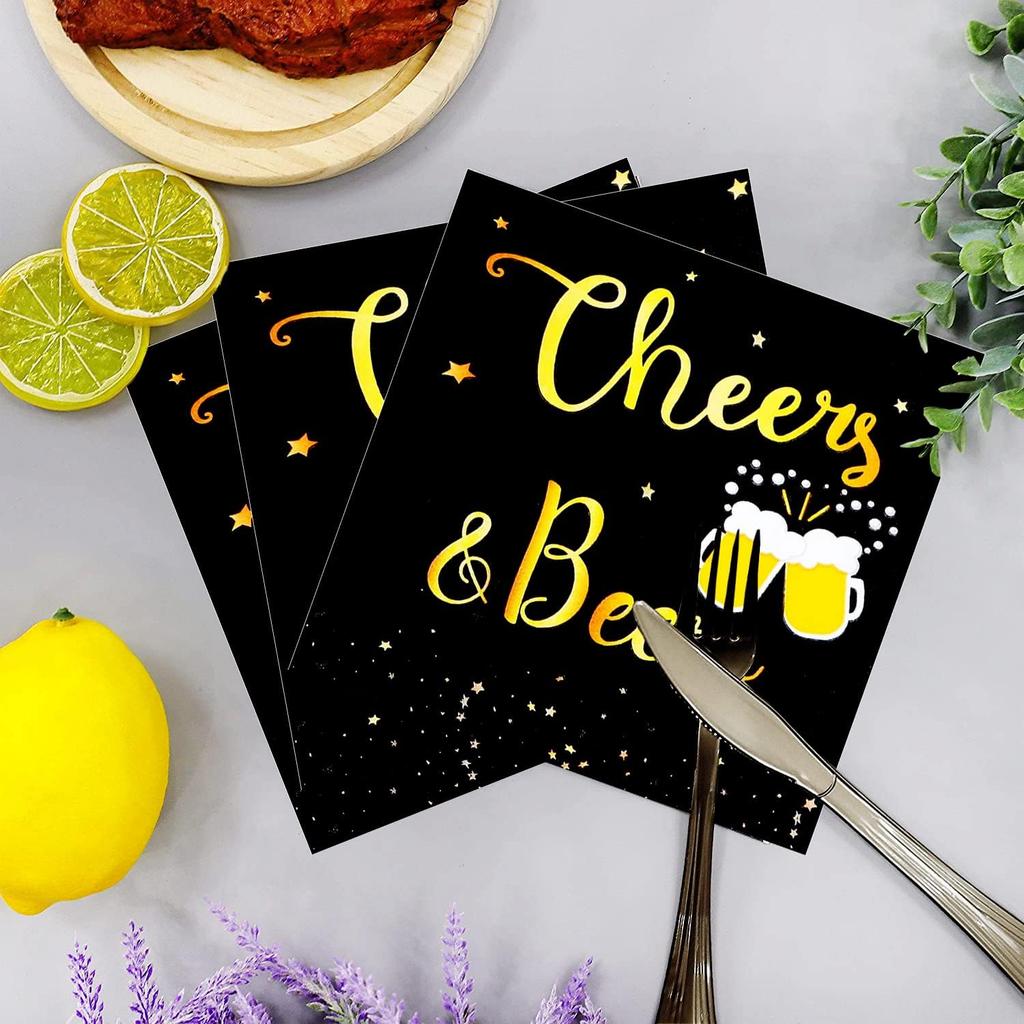 40 Pcs Cheers & Beers Napk Cheers Beer Party Supplies Disposable Cocktail Napk Black and Gold Foil Paper Napk for 30th 40th 50th 60th 70th 80th 90th
