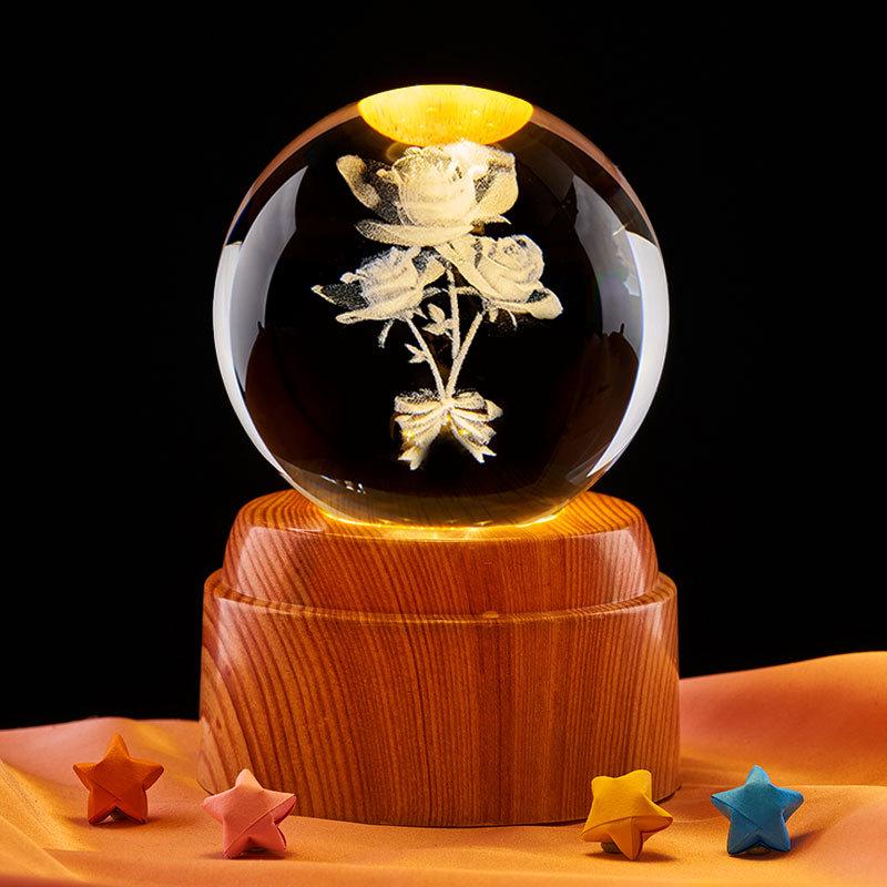 Crystal Ball Night Light with Three Rose Stickers – Elegant Desktop Ornament & Birthday Gift for Girls, Friends, or Boyfriend