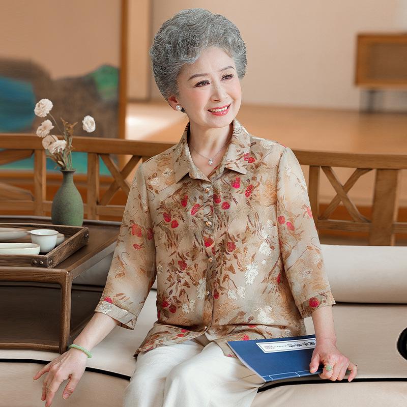 2026 New Floral Chiffon Lapel Shirt for Middle-Aged & Elderly Women - Seven-Sleeve Spring/Summer Top 3XL (recommended 120-135 jin)