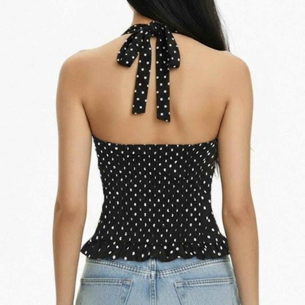 Lace Up Halter Ruffle Vest Top Slim Fit Women Camisole Comfortable Y2k Dot Crop Top  Female