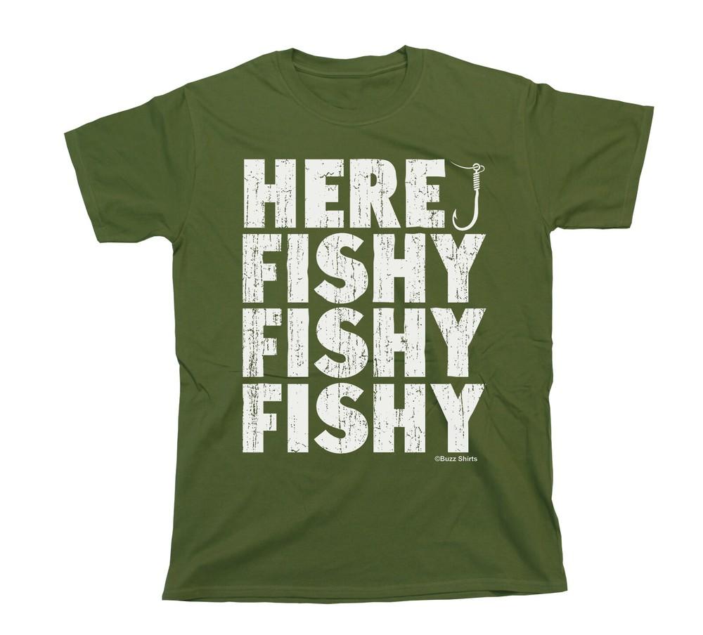 

Here Fishy Fishy Fishy Fisherman Mens T-Shirt Fishing Gift Fathers Day Birthday L